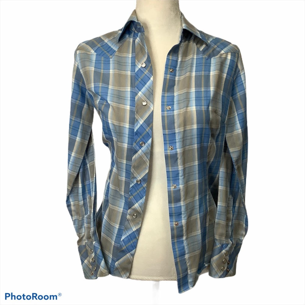 Vintage Womens Champion Westerns Long Sleeve Shirt Size‎ 16 Plaid Blue Beige